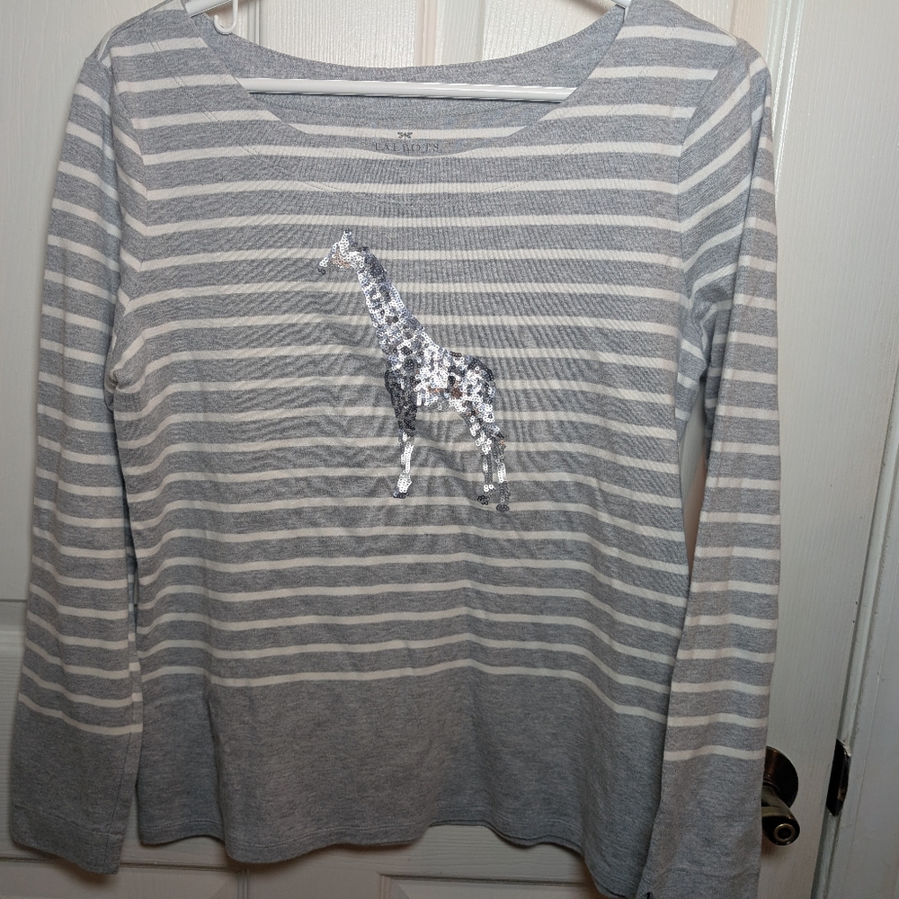 Talbots Knit Shirt Women's Med Gray White Stripe Sequin Giraffe LS